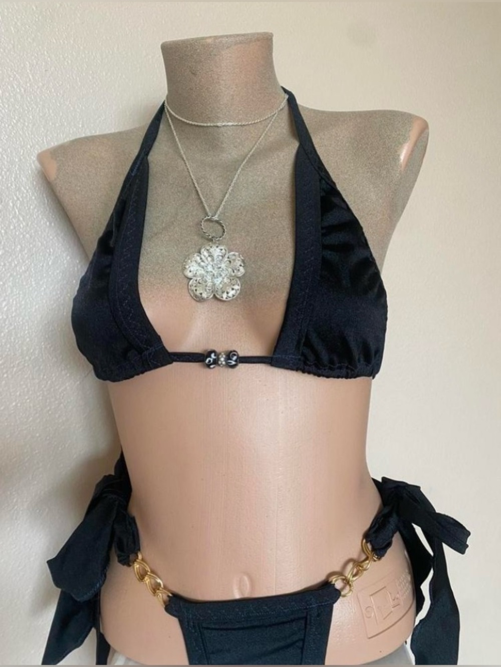 Y2k Black Bikini Set with Ruffle Strings, Beads, & Gold Chain Detailing